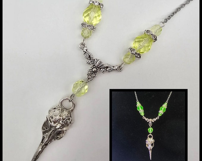 Bird skull uranium glass necklace
