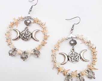 Triple moon and rattlesnake vertebrae hoop earrings