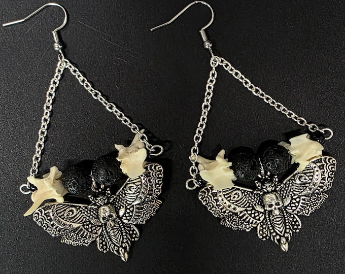 Death's head hawkmoth and rattlesnake vertebrae earrings