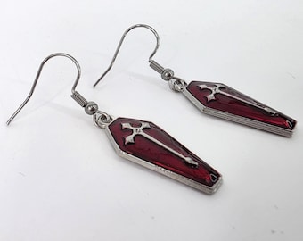 Red coffin charm earrings