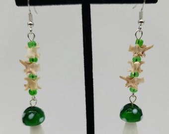 Green mushroom, snake bone, and glass bead earrings, real bone jewelry, snake vertebrae earrings, mushroom accessories, dark cottagecore