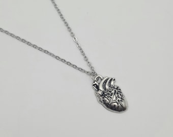 Silver anatomical heart necklace, spooky heart jewelry, witchy accessories, romantic goth gift, birthday gift for witch