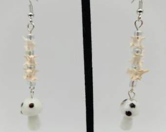 White mushroom, real snake bone jewelry, glass bead earrings, mushroomcore, snake vertebrae earrings, mushroom accessories, dark cottagecore