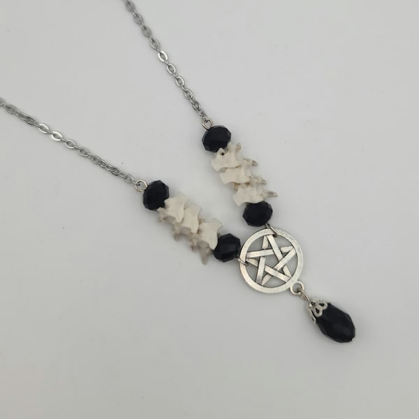 Black pentagram and snake vertebrae necklace, bone pendant necklace, black glass beads, vulture culture, real animal bone necklace