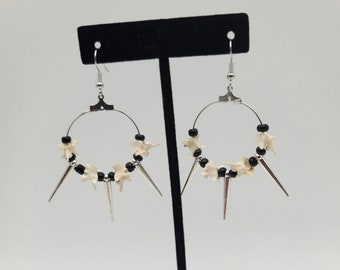 Bone and black glass bead earrings, vertebrae vulture culture jewelry, goth spike earrings, snake bone hoop earrings