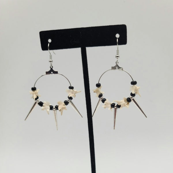 Bone and black glass bead earrings, vertebrae vulture culture jewelry, goth spike earrings, snake bone hoop earrings