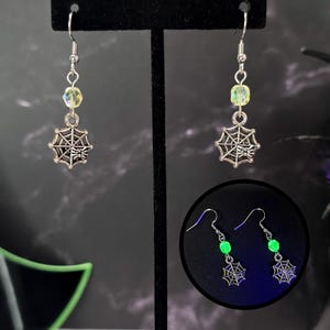 Spider uranium glass earrings, insect earrings, arachnid, vaseline depression glass jewelry, blacklight glow jewelry, uv party accessories
