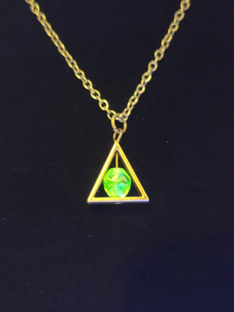 Triangle uranium glass pendant necklace, vaseline glass jewelry, steampunk gift for friend, uranium glass collector jewelry, alchemy symbol image 5