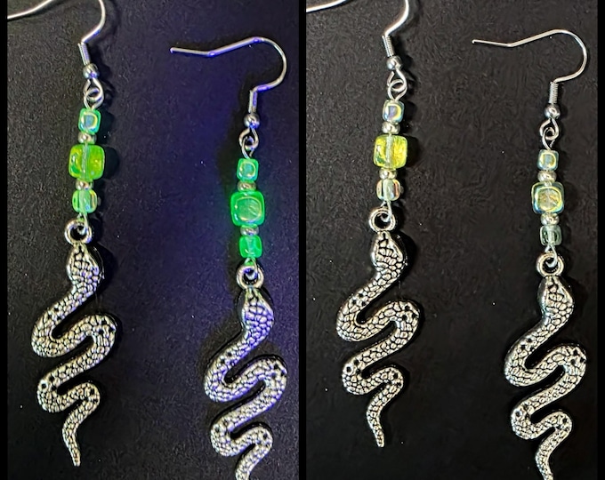 Snake charm uranium glass earrings