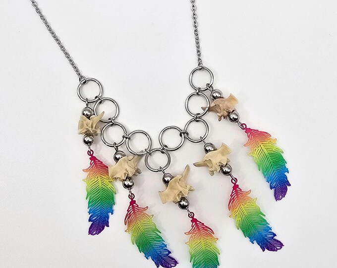 Rainbow feather snake vertebrae necklace