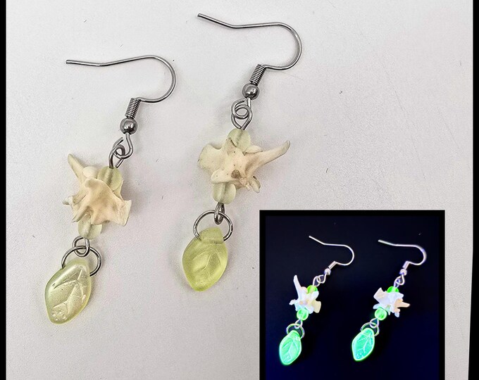 Leaf uranium glass and snake vertebrae earrings