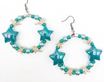 Teal star and rattlesnake bone earrings, real bone jewelry, snake vertebrae accessories, cottagecore, vulture culture earrings
