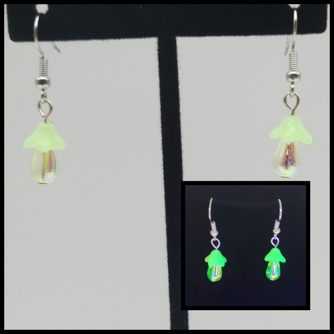 Mushroom Uranium Glass Earrings, Vaseline Glass Jewelry, Uv Reactive
