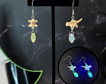 Leaf uranium glass and snake vertebrae bone earrings, vaseline glass jewelry, UV beads, blacklight jewelry, oddity earrings, real bone