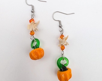 Pumpkin charm and snake bone earrings, real bone jewelry, snake vertebrae accessories, cottagecore, vulture culture halloween earrings