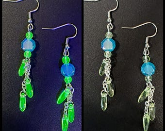 Blue triple dangle uranium glass earrings