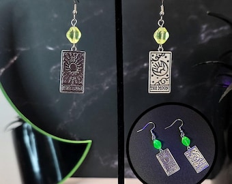 Sun and moon tarot card uranium glass charm earrings, vaseline depression glass jewelry, blacklight glow jewelry, uv party accessories