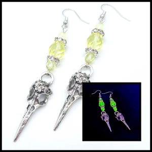 Bird skull uranium glass earrings, raven, crow earrings, vaseline depression glass jewelry, blacklight glow jewelry, uv party accessories