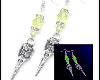 Bird skull uranium glass earrings