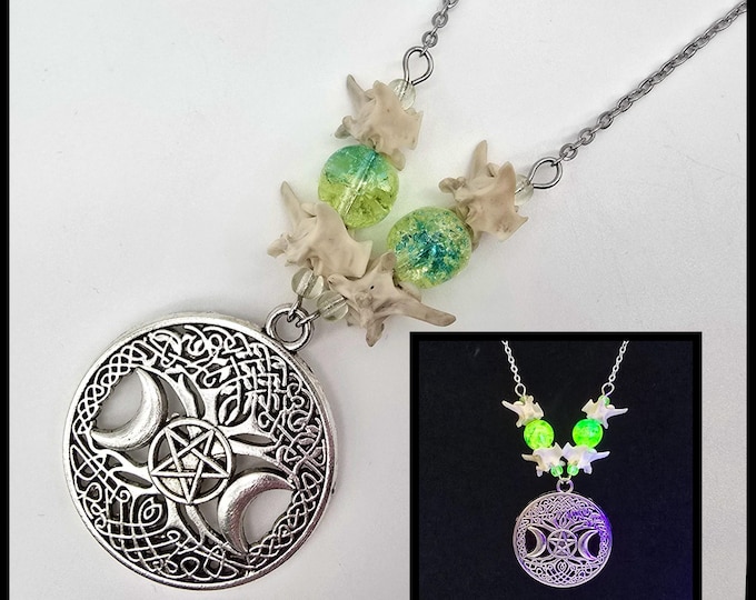 Tree of life uranium glass and snake vertebrae necklace