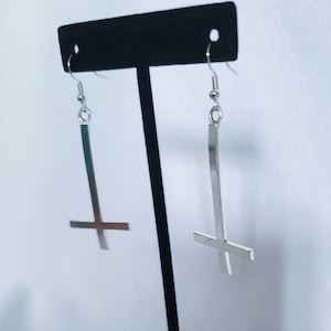 Silver upside down cross earrings, large inverted cross earrings, gothic cross jewelry, goth gift for friend, upside down cross accessories
