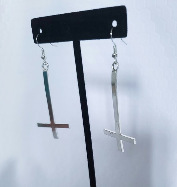 Silver Upside Down Cross Earrings Large Inverted Cross Etsy