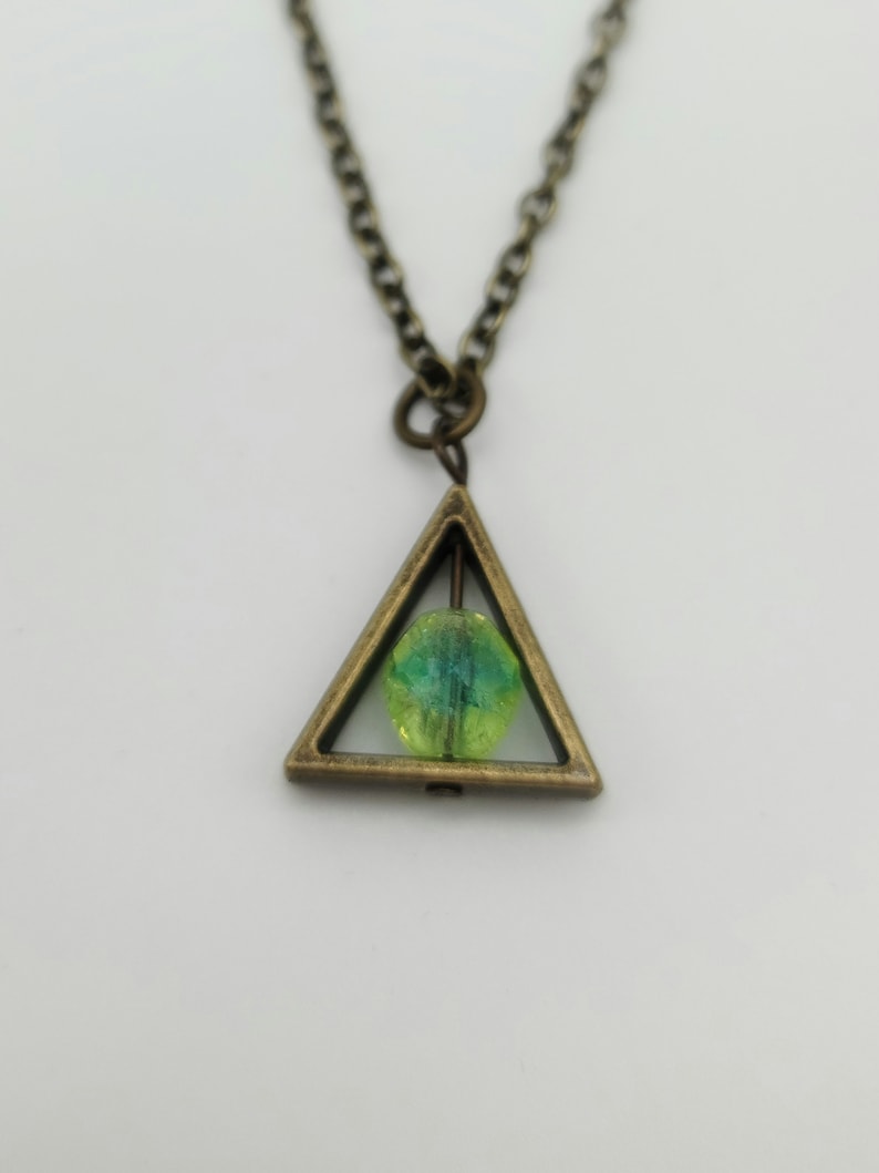 Triangle uranium glass pendant necklace, vaseline glass jewelry, steampunk gift for friend, uranium glass collector jewelry, alchemy symbol image 2