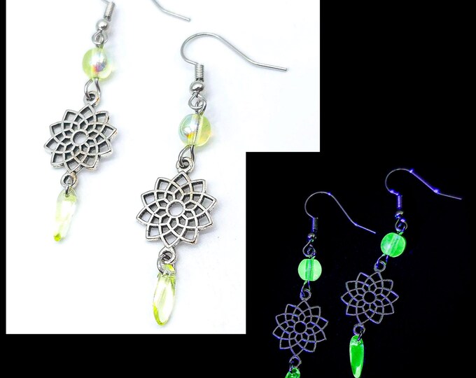 Silver lotus flower uranium glass earrings
