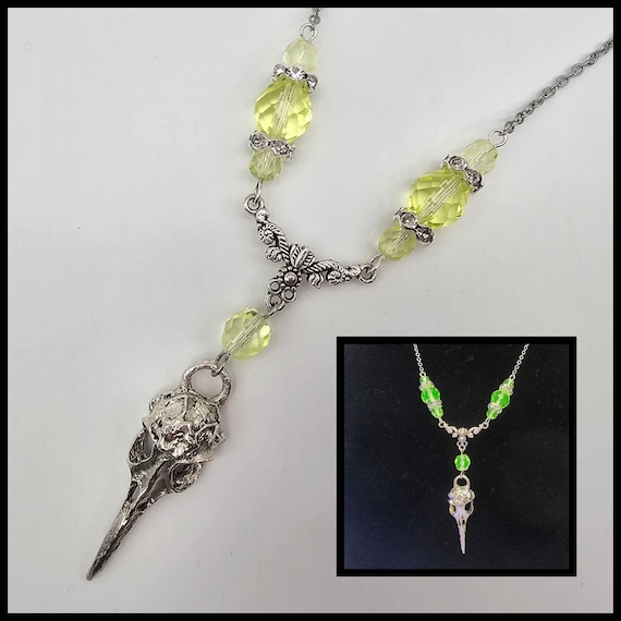 Bird skull uranium glass necklace, raven, crow necklace, vaseline depression glass jewelry, blacklight glow jewelry, uv party accessories