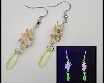 Snake vertebrae and uranium glass dangle earrings, victorian steampunk gift, UV beads, blacklight jewelry, oddity earrings, real bone