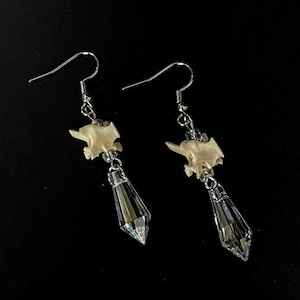Crystal and snake vertebrae bone earrings, real bone earrings, vulture culture jewelry, teardrop shaped dangle earrings, taxidermy