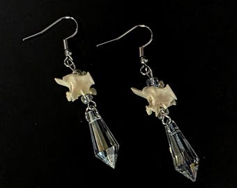 Crystal and snake vertebrae bone earrings, real bone earrings, vulture culture jewelry, teardrop shaped dangle earrings, taxidermy