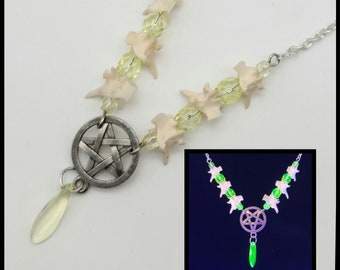 Pentagram snake bone and uranium glass necklace, glowing pentagram necklace, vaseline depression glass jewelry, uv reactive oddity jewelry