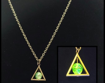 Triangle uranium glass pendant necklace, vaseline glass jewelry, steampunk gift for friend, uranium glass collector jewelry, alchemy symbol