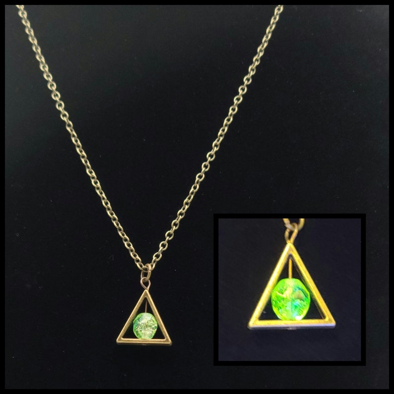 Triangle uranium glass pendant necklace, vaseline glass jewelry, steampunk gift for friend, uranium glass collector jewelry, alchemy symbol image 1