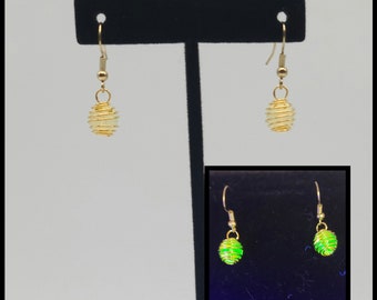 18k gold plated bead cage uranium glass earrings, vaseline glass beads, steampunk gift for friend