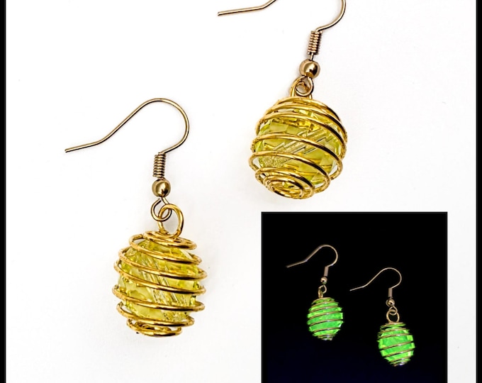 Gold bead cage uranium glass earrings