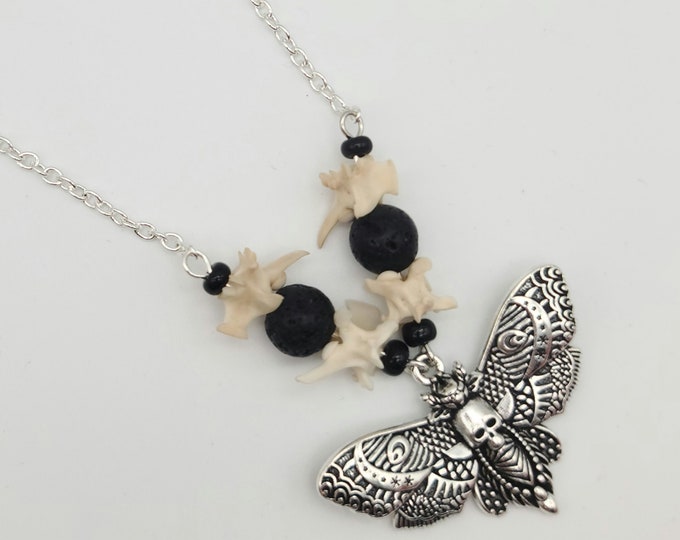 Death's head hawkmoth and rattlesnake vertebrae necklace