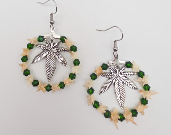 Green pot leaf and rattlesnake vertebrae hoop earrings