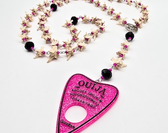 Hot pink snake bone rosary, goth planchette necklace, hot pink occult jewelry, spirit board necklace, vulture culture jewelry, animal bones