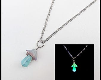Blue mushroom uranium glass necklace