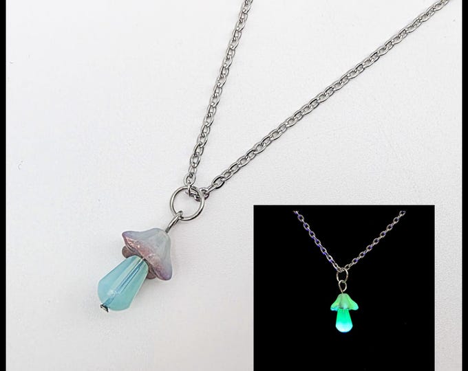 Blue mushroom uranium glass necklace