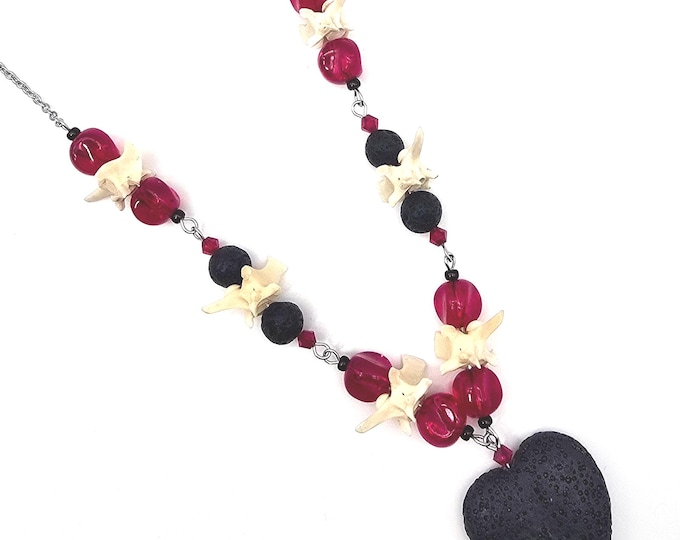 Red lava rock and snake vertebrae necklace