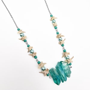 Teal quartz and rattlesnake vertebrae bone necklace, faux pearl and quartz jewelry, real animal bone jewelry, vulture culture