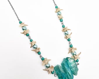 Teal quartz and rattlesnake vertebrae necklace