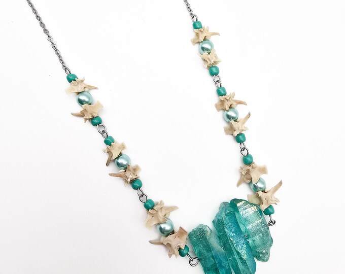 Teal quartz and rattlesnake vertebrae necklace