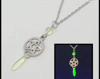 Pentagram uranium glass necklace, glowing pentagram necklace, vaseline depression glass jewelry, blacklight glow, steampunk gift for friend
