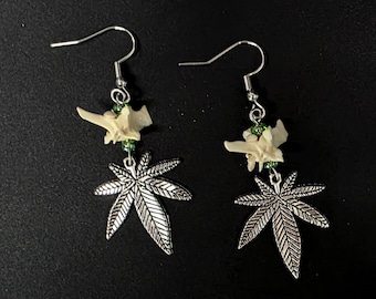 Pot leaf snake bone earrings, marijuana charm earrings, real bone jewelry, snake vertebrae accessories, dark cottagecore, vulture culture