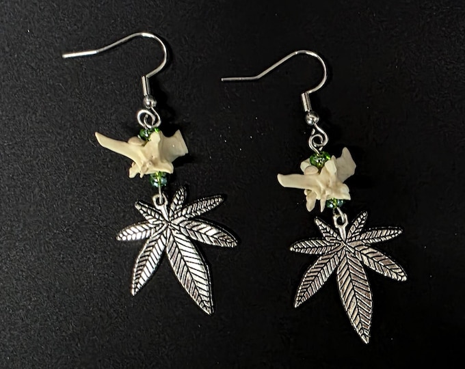 Pot leaf rattlesnake vertebrae earrings
