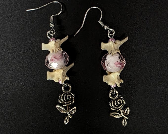 Pink rose and rattlesnake vertebrae earrings